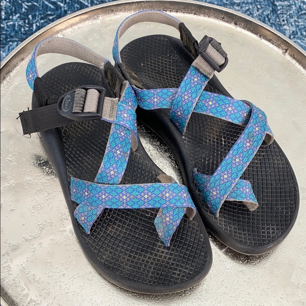 Black Chacos with Blue Straps